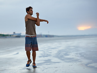 Image showing Holiday, stretching and beach with man, fitness and vacation with summer break and morning. Person, ocean and guy with wellness or seaside with with exercise, peaceful and water with health or travel