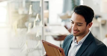 Image showing Writing, business man and thinking by a clear board with working, problem solving and work solution. Idea, male professional and notes for creative project of a worker in a office with schedule