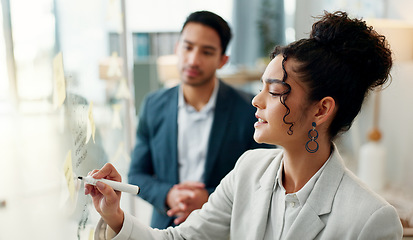 Image showing Planning, teamwork and business people writing in office for calendar, agenda or schedule management. Creative, goal and design team in problem solving meeting, brainstorming or solution discussion