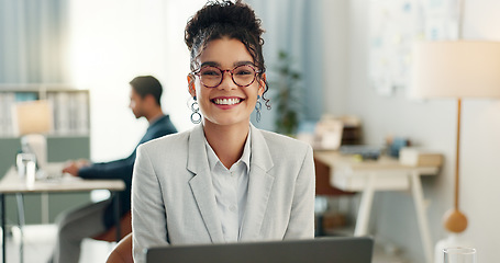 Image showing Portrait of woman with smile, laptop and coworking space for research, online admin and consultant at agency. Office, networking business and girl at computer typing email review, feedback or report