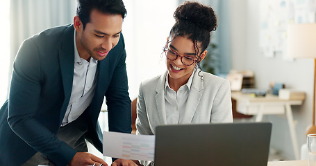 Image showing Collaboration, business people and paperwork with communication and teamwork for project. Computer, talking and lawyer staff with case discussion and attorney work with report in a office together