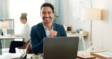 Image showing Portrait of man with smile, laptop and coworking space for research, online article and consultant at agency. Office, happiness and businessman at computer typing email review, feedback or report.