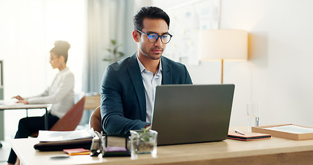 Image showing Collaboration, business people and laptop with communication and teamwork for project. Computer, talking and lawyer staff with case discussion and attorney work with report in a office together