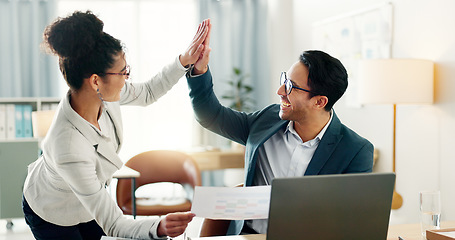 Image showing Collaboration, business people and high five for success and teamwork motivation for project. Computer, talking and lawyer staff with case discussion and attorney work with report in office together