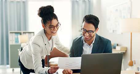 Image showing Collaboration, business people and laptop with communication and teamwork for project. Computer, talking and lawyer staff with case discussion and attorney work with report in a office together