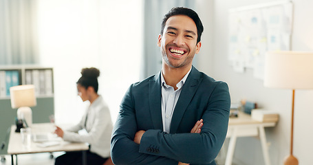 Image showing Portrait of man with smile, confidence and coworking space, manager for online research and consulting agency. Office, happiness and businessman with arms crossed, leadership and entrepreneur at work