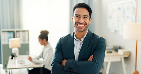 Image showing Portrait of man with smile, confidence and coworking space, manager for online research and consulting agency. Office, happiness and businessman with arms crossed, leadership and entrepreneur at work