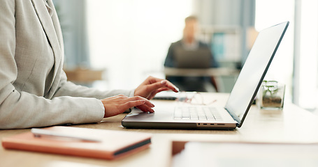 Image showing Hands of woman at desk, laptop and typing in coworking space, research and online schedule at consulting agency. Office, admin business and girl at computer writing email review, feedback or report.