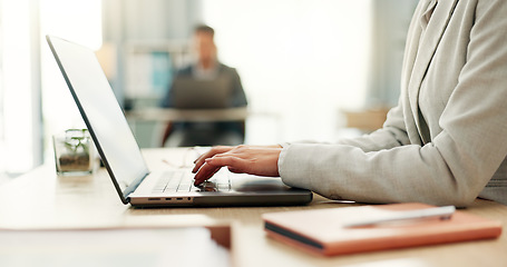 Image showing Hands of woman at desk, laptop and typing in coworking space, research and online schedule at consulting agency. Office, admin business and girl at computer writing email review, feedback or report.