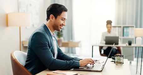 Image showing Laptop, typing and happy asian business man in office smile for email, planning or feedback report in coworking space. Online, review and Japanese male manager with proposal, research or satisfaction