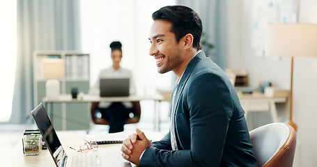 Image showing Laptop, typing and happy asian business man in office smile for email, planning or feedback report in coworking space. Online, review and Japanese male manager with proposal, research or satisfaction