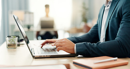 Image showing Hands of man at desk, laptop and typing in coworking space, research and online schedule at consulting agency. Office, networking and businessman at computer writing email review, feedback or report.