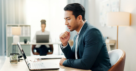 Image showing Man at desk, laptop and thinking in coworking space, market research or online schedule at consulting agency. Office, idea and businessman at computer writing email article review, feedback or report