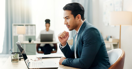 Image showing Man at desk, laptop and thinking in coworking space, market research or online schedule at consulting agency. Office, idea and businessman at computer writing email article review, feedback or report