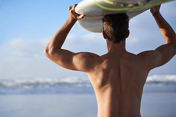 Image showing Beach, surfing and back of man with surfboard for waves on summer vacation, weekend and holiday by sea. Travel, nature and person by ocean for water sports, adventure and fun hobby in Australia