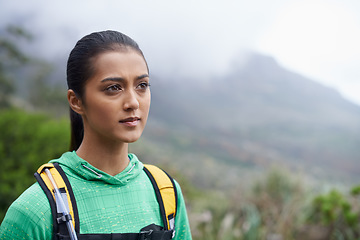 Image showing Arms crossed, hiking and woman with exercise, thinking and mountains with workout and fresh air. Person, girl and hiker with wellness, nature and training for health and active with hobby and fitness