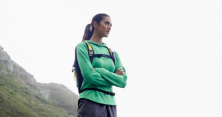 Image showing Arms crossed, hiking and woman with adventure, thinking and mountains with exercise and fresh air. Person, girl or hiker with wellness, fitness or training for health and active with hobby or holiday