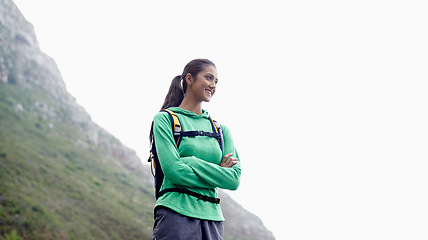 Image showing Arms crossed, hiking and woman with training, thinking and mountains with adventure and fresh air. Person, girl and hiker with wellness, nature or exercise for health and active with hobby or workout