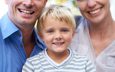 Image showing Portrait, smile and parents with boy in garden for outdoor adventure, vacation or bonding. Relax, sunshine and family, happy child with with mom and dad on summer holiday fun with smile in backyard.