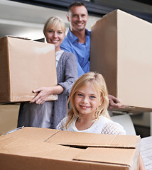 Image showing Portrait of happy family moving to home with boxes, package and mortgage on property investment. Man, woman and girl child together in new house, real estate and love with future, cardboard and smile