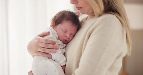 Image showing Family, sleeping and mother with baby in home for bonding, relationship and child development together. Newborn, motherhood and mom carrying infant for care, support and dreaming in nursery room