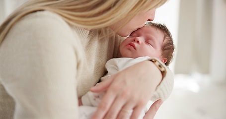 Image showing Family, kiss and a mama rocking her baby to sleep in the bedroom of their home together for love or care. Dreaming, nap or tired with a parent and newborn infant in an apartment to rest for growth