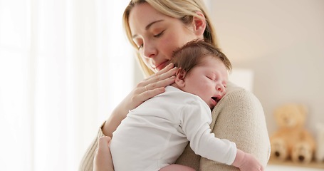 Image showing Sleeping, love and mother carry baby for bonding, relationship and child development together at home. Family, motherhood and happy mom with newborn for care, dreaming and affection in nursery room