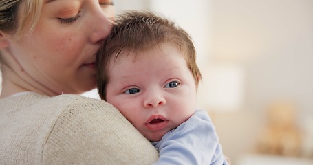 Image showing Love, mother and baby in nursery for bonding, touch or cuddle with support or care in house. Woman, mom or holding newborn in bedroom with bond and relax for child development and nurture in home