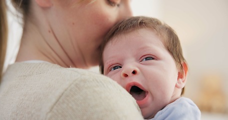 Image showing Baby, yawn and calm with tired newborn and mom in a bedroom at morning with care. Rest, relax and young kid with fatigue and mother support in a family home with motherhood in house with bonding