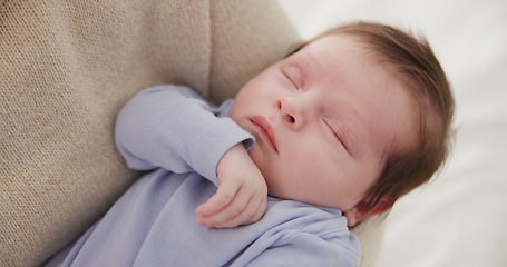 Image showing Mother, baby and nap closeup with love, care and support for newborn in nursery with sleep. Young child, mom and family with youth and childcare with bonding and maternity in a home with infant