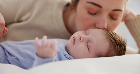 Image showing Family, love and a mother on the bedroom with her baby for sleep, rest or bonding together in a home. Children, bed and a woman in an apartment with her newborn infant to relax for care or growth