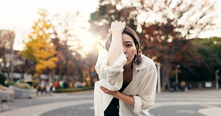 Image showing Outdoor, dancing and woman with talent, face and performance with training, routine or creative industry. Portrait, contemporary dancer or girl with summer, movement or artist with practice or energy