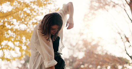 Image showing Outdoor, dancing and woman with talent, Japan and performance with training, routine and creative industry. Happy, contemporary and girl with summer, movement and dancer with practice and energy