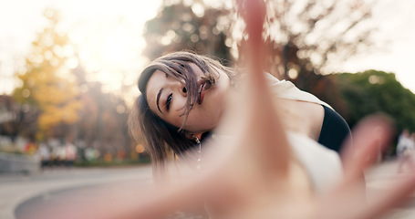 Image showing Outdoor, dancing and woman with energy, face and performance with training, routine and creative industry. Portrait, contemporary dancer and girl with summer, movement and artist with practice