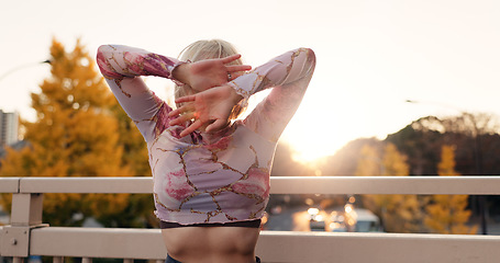 Image showing Outdoor, dance and woman with energy, sunshine and performance with training, routine and creative industry. Japanese, contemporary dancer or girl with summer, movement and art with culture or talent