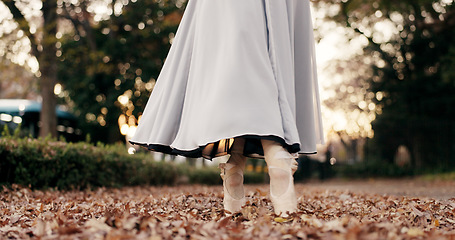 Image showing Ballerina, dancer and pointe in nature or feet closeup for talent performance, professional or Japanese garden. Legs, shoes and skirt in leaves on street or elegant artist, creative or entertainment