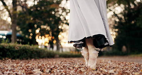 Image showing Ballerina, dancer and pointe in nature or feet closeup for talent performance, professional or Japanese garden. Legs, shoes and skirt in leaves on street or elegant artist, creative or entertainment