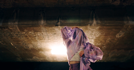 Image showing Japanese woman, dancing and night in city, moving body and freedom for street performance in nature. Girl, dancer and person with art, concert and steps for creativity, expression or balance in Tokyo