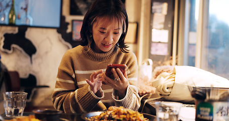Image showing Japanese woman, smartphone and healthy food in restaurant for dinner, nutrition and happy on social media. Person, mobile phone or lunch in tokyo city with umami flavor or vegetarian dish on vacation