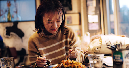 Image showing Japanese woman, happy and healthy food in restaurant for dinner, nutrition and thanks bow eat meal with bow. Person, spoon and vegetarian lunch in tokyo city with wellness and gratitude on vacation