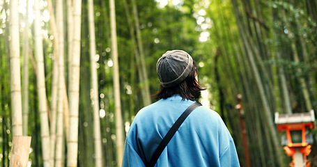 Image showing Back, travel and person at bamboo forest outdoor, nature or park in Ariyishiyama, Kyoto, Japan. Rear view of tourist in green garden, environment and sightseeing in jungle adventure on summer trip