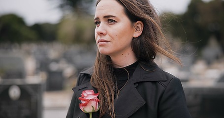 Image showing Rose, death or sad woman in graveyard for funeral. spiritual service or burial to respect the Christian religion. Mourning, depressed or person in cemetery thinking of grief, loss or goodbye farewell