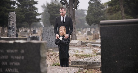 Image showing Child, death or father in graveyard for funeral. spiritual service or burial for respect in Christian religion. Rose, depressed or sad kid in cemetery for grief, loss or mourning with dad for support