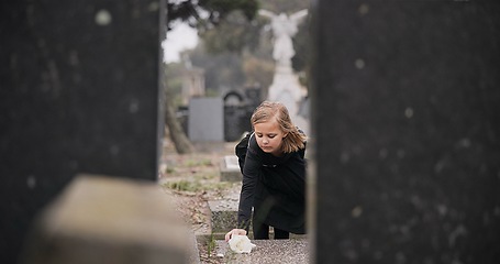 Image showing Flower, death or kid in cemetery for funeral. spiritual service or tombstone for respect in Christian religion. Mourning, sad or depressed girl child outside in graveyard for grief, loss or farewell