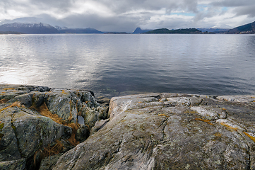 Image showing Serene seaside scene captured at dusk in a scandinavian fjord