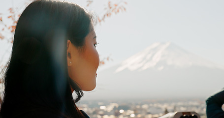 Image showing Japanese woman, thinking and nature for mountain, travel and outdoor on vacation, trip or journey. Girl, person and holiday by Mt Fuji with vision, memory or ideas in closeup, environment and trees