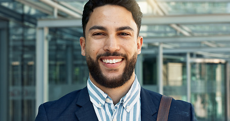 Image showing Smile, face and young businessman in the city with positive, good and confident attitude for legal career. Happy, pride and portrait of professional male lawyer or attorney from Mexico in urban town.