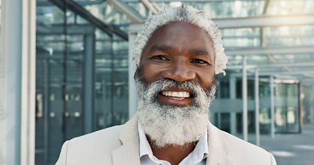 Image showing Smile, face and senior businessman in city with positive, good and confident attitude for legal career. Happy, pride and portrait of professional elderly African male lawyer from Mexico in urban town