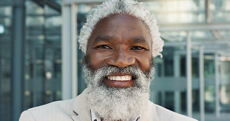 Image showing Happy, face and senior businessman in city with positive, good and confident attitude for legal career. Smile, pride and portrait of professional elderly African male lawyer from Mexico in urban town