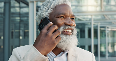 Image showing Senior black man, phone call and business communication in city for proposal or outdoor conversation. Face of mature African businessman smile and talking on mobile smartphone for discussion outside